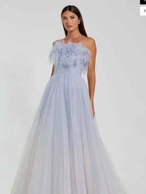 Macduggal Blue Ombre Strapless Feather Bodice Tulle Gown